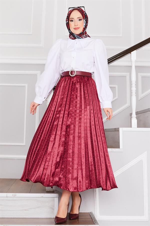 Satin Pleated Skirt with Sprinkled Stones, Burgundy