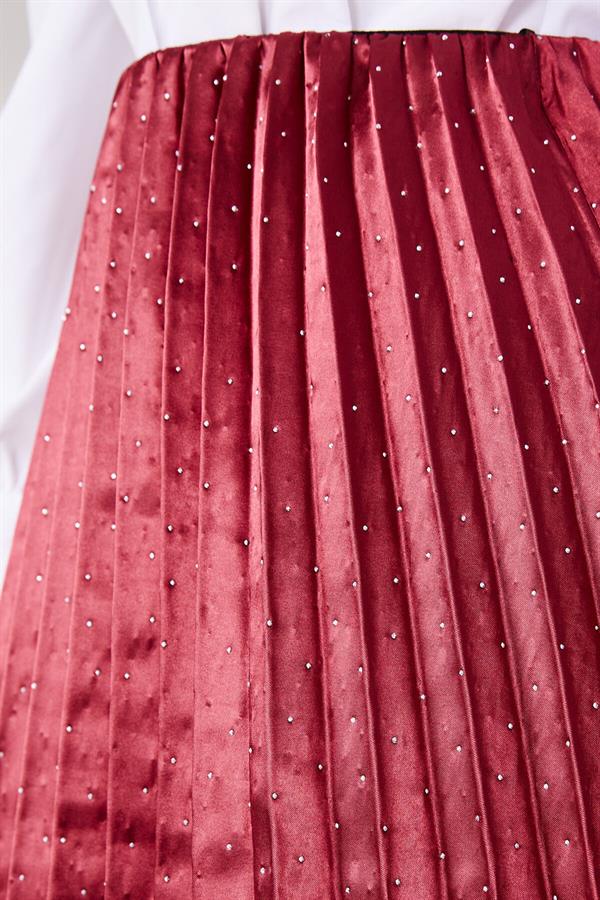 Satin Pleated Skirt with Sprinkled Stones, Burgundy