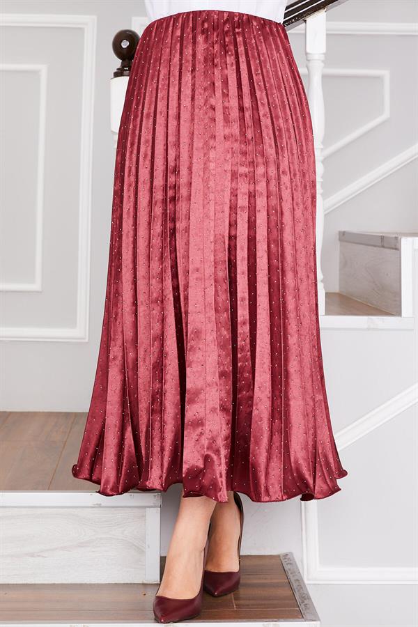 Satin Pleated Skirt with Sprinkled Stones, Burgundy
