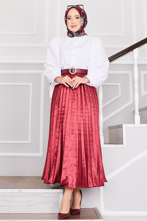 Satin Pleated Skirt with Sprinkled Stones, Burgundy