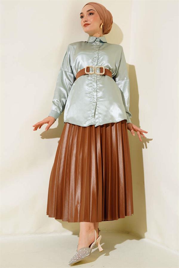 Satin Bat Sleeve Shirt Almond Green