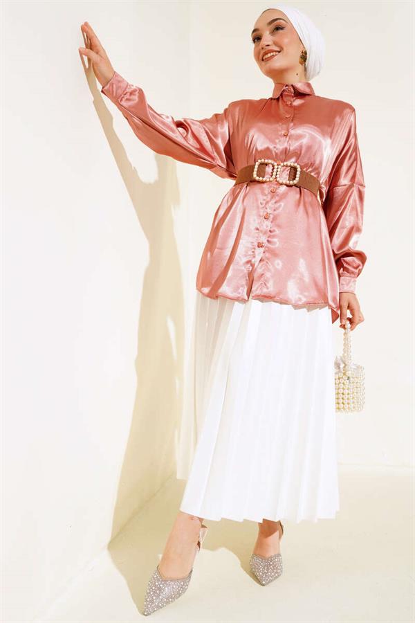 Satin Batwing Sleeve Shirt Tan