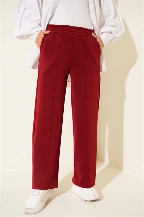 Scuba Wide Leg Trousers with Ribbon Trim, Burgundy