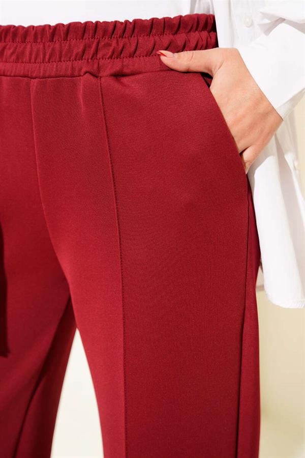 Scuba Wide Leg Trousers with Ribbon Trim, Burgundy