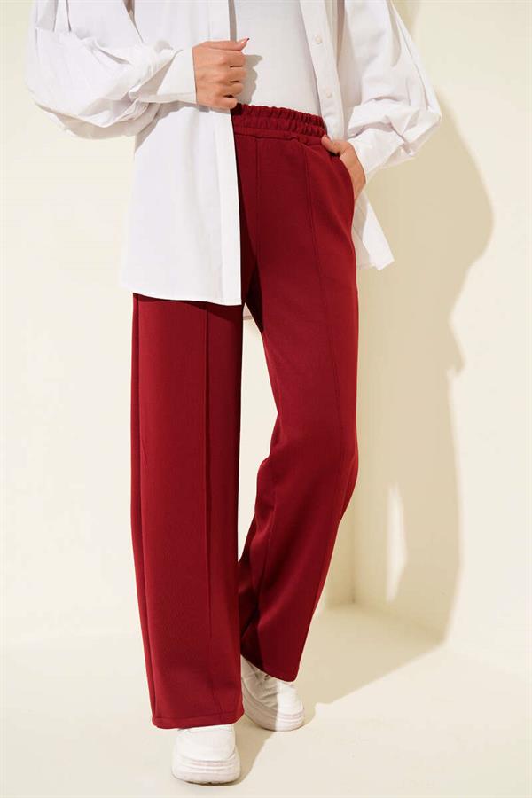 Scuba Wide Leg Trousers with Ribbon Trim, Burgundy