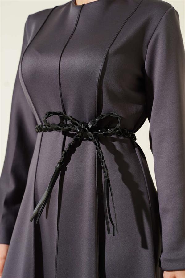 Scuba Leather Belted Dress Smoke