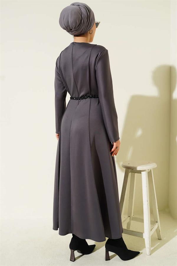 Scuba Leather Belted Dress Smoke