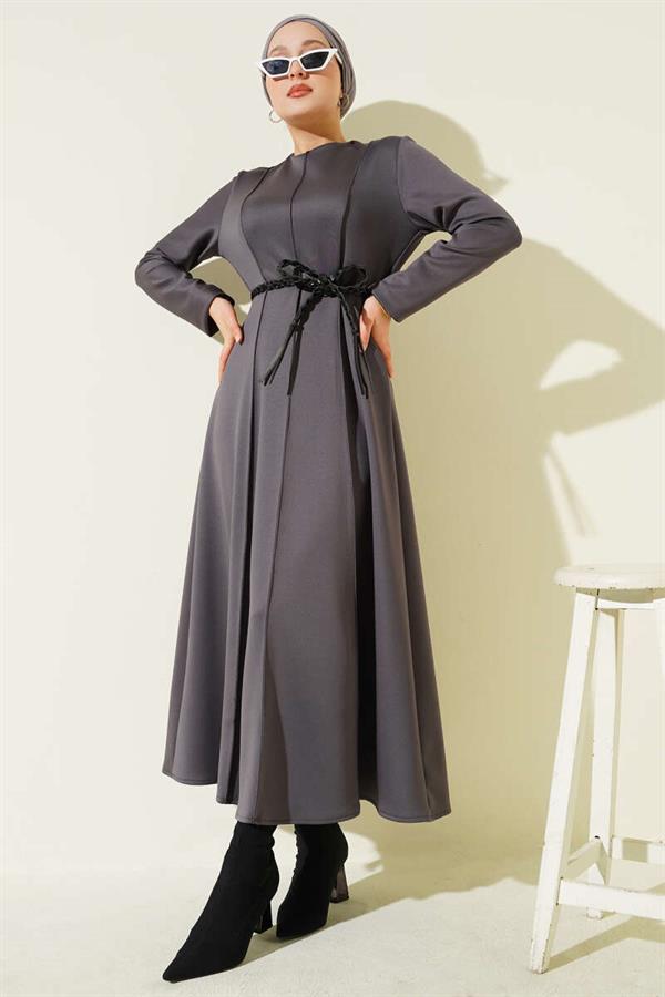 Scuba Leather Belted Dress Smoke