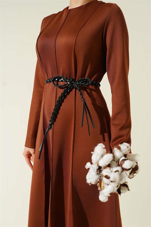 Scuba Leather Belted Dress Brown