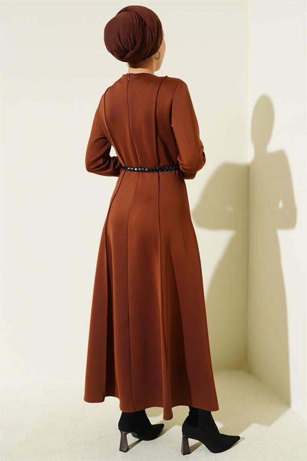Scuba Leather Belted Dress Brown