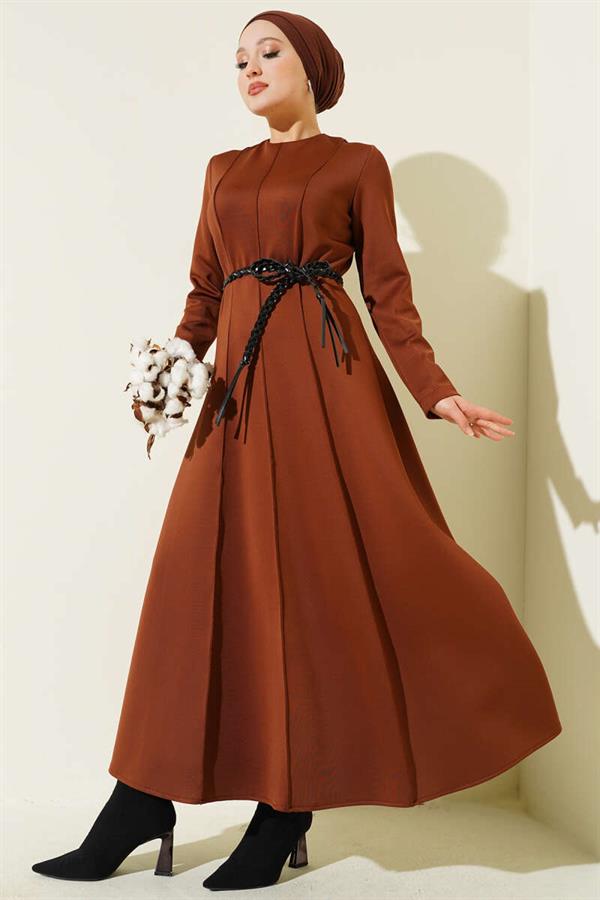 Scuba Leather Belted Dress Brown