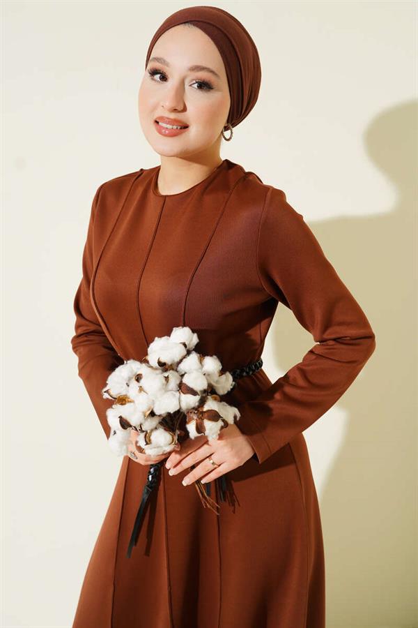 Scuba Leather Belted Dress Brown