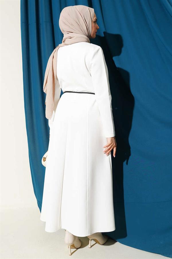 Scuba Pens Detail Belted Dress, Ecru