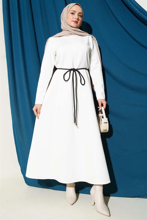 Scuba Pens Detail Belted Dress, Ecru