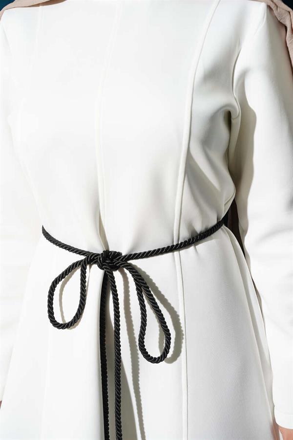 Scuba Pens Detail Belted Dress, Ecru