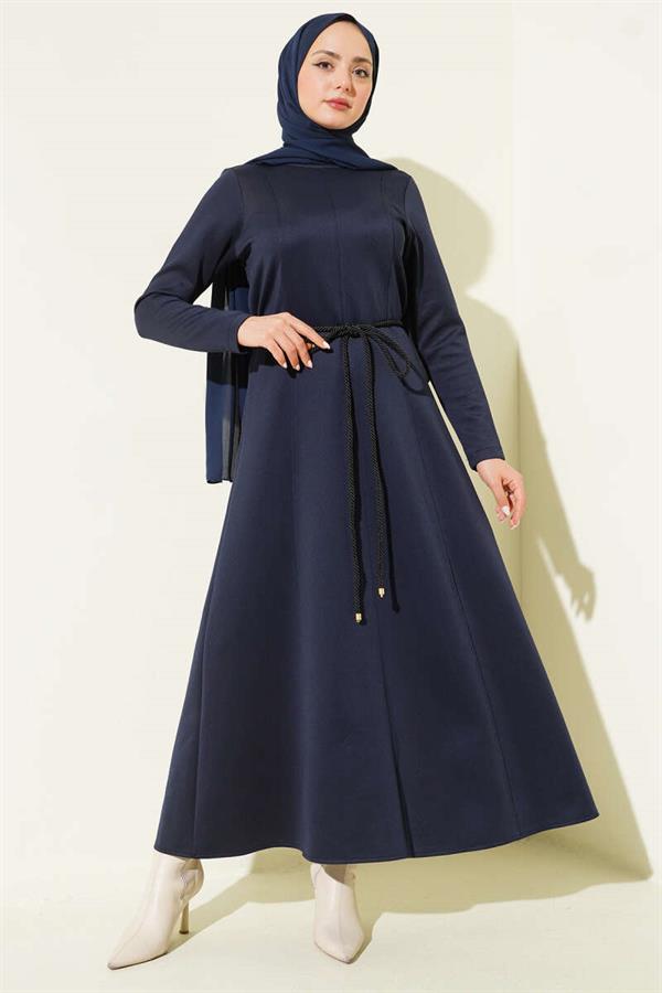 Scuba Pens Detail Belted Dress Navy Blue