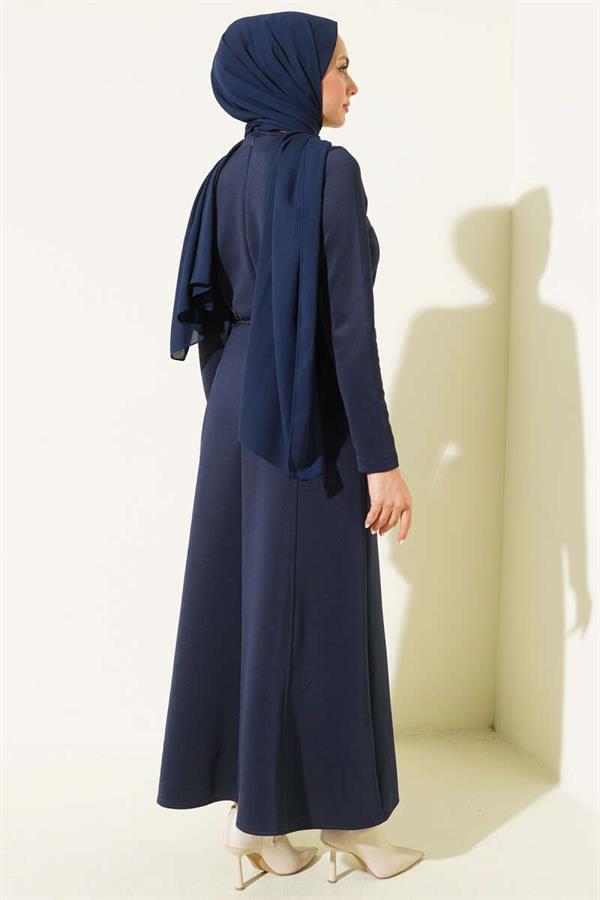 Scuba Pens Detail Belted Dress Navy Blue