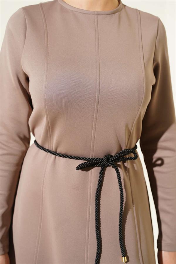 Scuba Pens Detail Belted Dress, Mink
