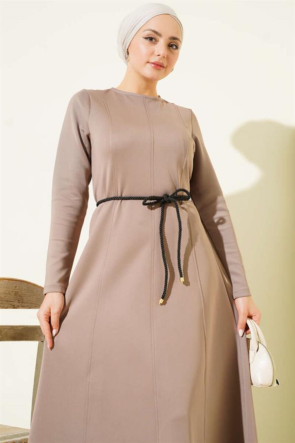 Scuba Pens Detail Belted Dress, Mink