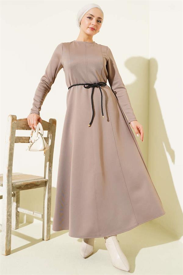 Scuba Pens Detail Belted Dress, Mink