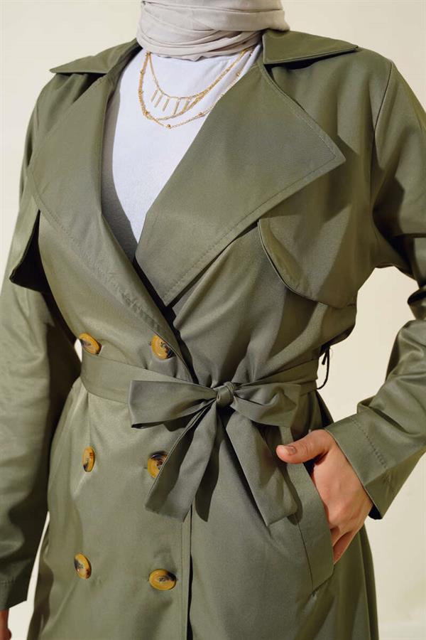 Eight-Button Belted Trench Coat Khaki