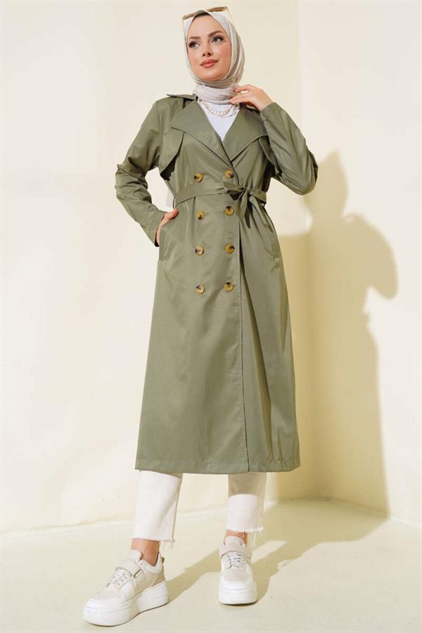 Eight-Button Belted Trench Coat Khaki