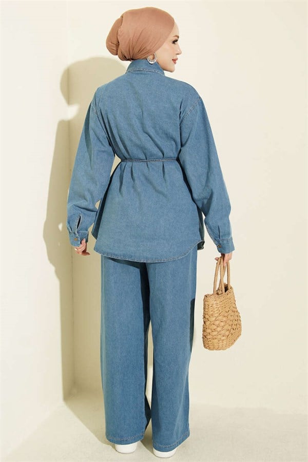 Symbolic Drawstring Denim 2 Piece Set, Light Blue
