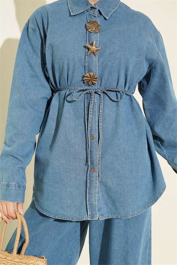 Symbolic Drawstring Denim 2 Piece Set, Light Blue