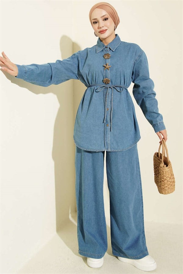 Symbolic Drawstring Denim 2 Piece Set, Light Blue