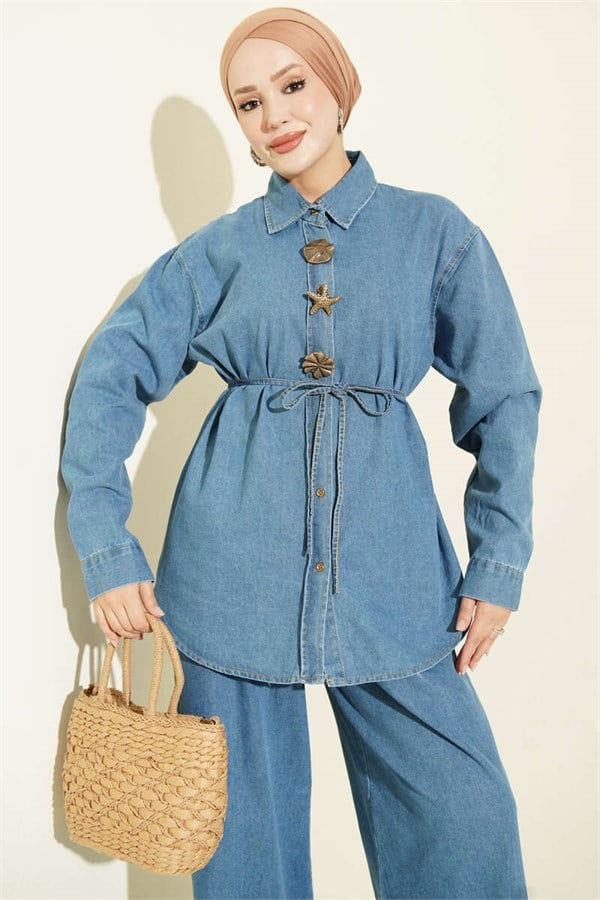 Symbolic Drawstring Denim 2 Piece Set, Light Blue