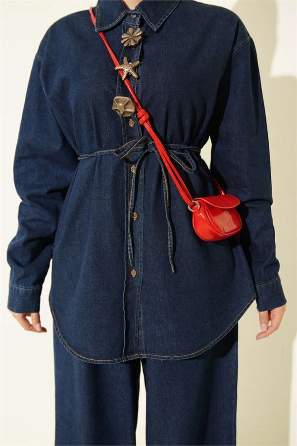 Symbolic Drawstring Denim 2 Piece Set, Blue