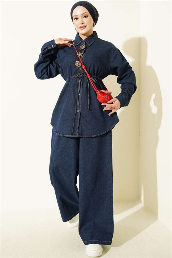 Symbolic Drawstring Denim 2 Piece Set, Blue