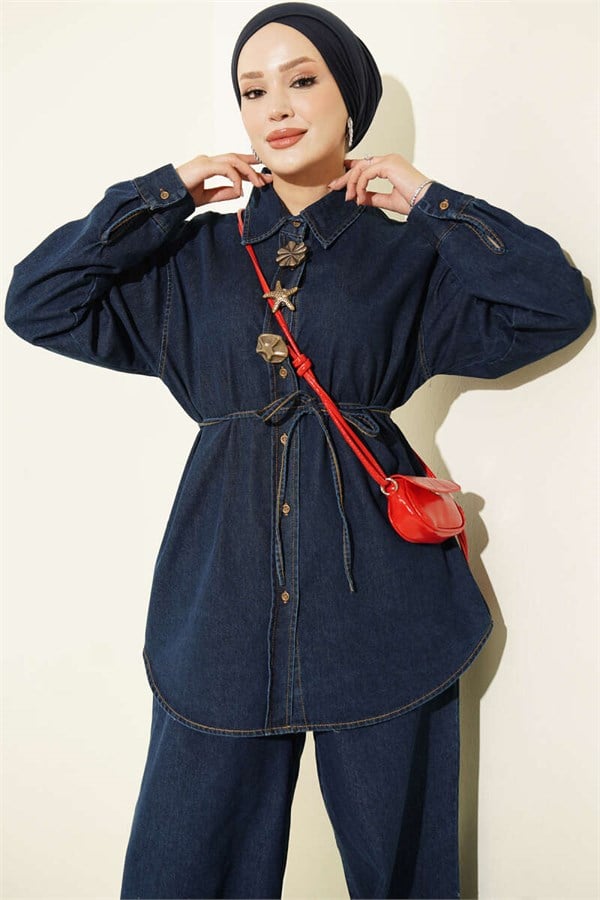 Symbolic Drawstring Denim 2 Piece Set, Blue