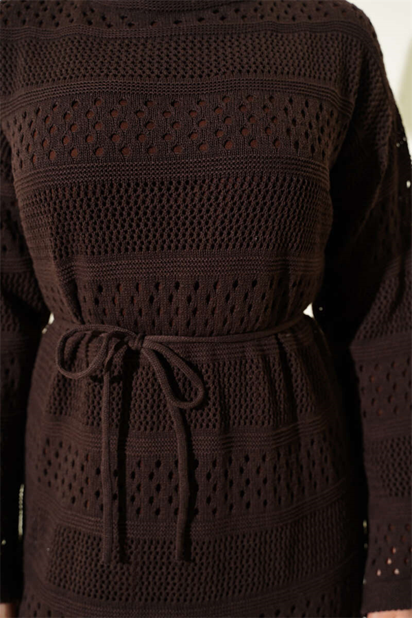 Striped Openwork Pattern Knitted Dress Dark Brown