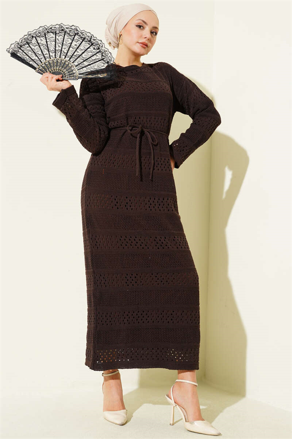 Striped Openwork Pattern Knitted Dress Dark Brown