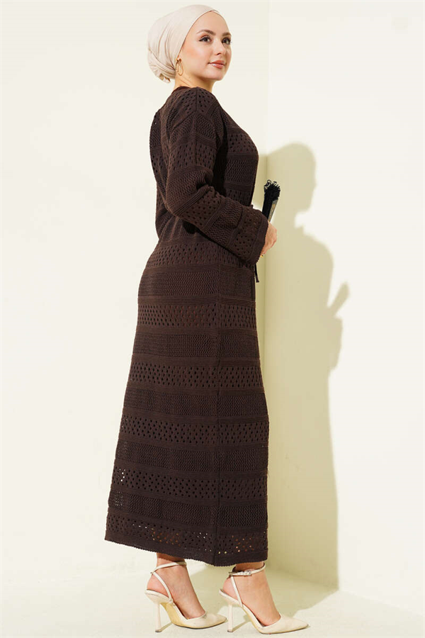 Striped Openwork Pattern Knitted Dress Dark Brown