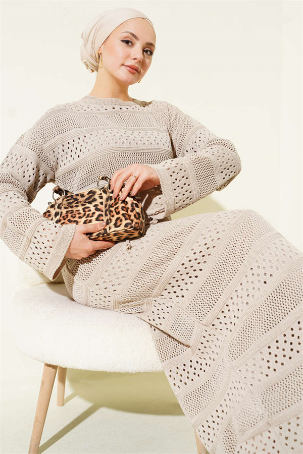 Striped Openwork Pattern Knitted Dress Beige