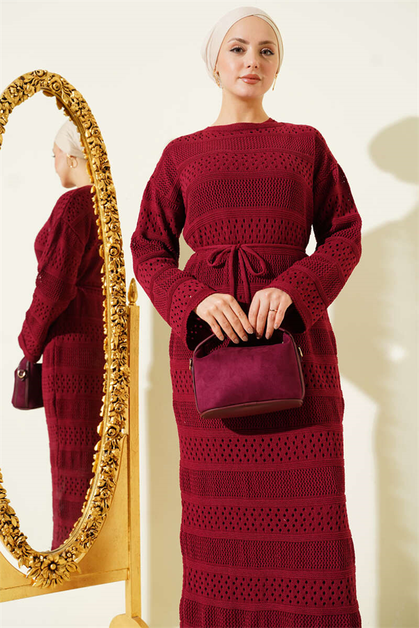 Striped Openwork Pattern Knitted Dress Burgundy