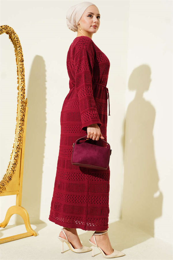 Striped Openwork Pattern Knitted Dress Burgundy
