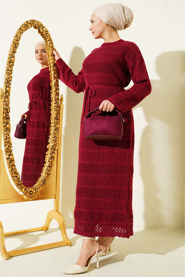 Striped Openwork Pattern Knitted Dress Burgundy