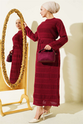 Striped Openwork Pattern Knitted Dress Burgundy