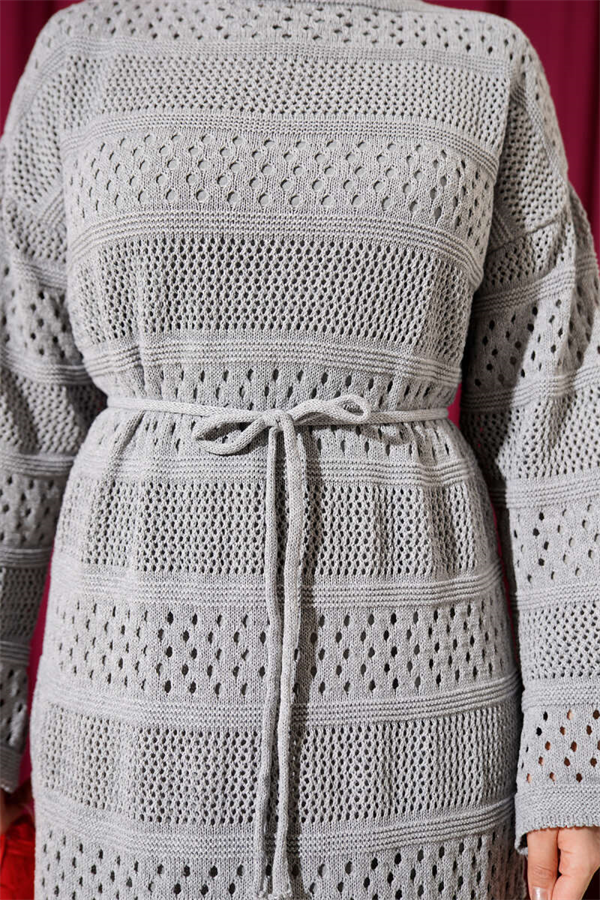 Striped Openwork Pattern Knitted Dress Grey