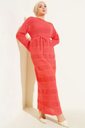 Striped Openwork Pattern Knitted Dress, Rose Pink