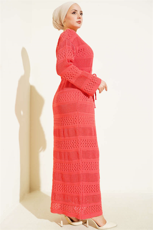 Striped Openwork Pattern Knitted Dress, Rose Pink