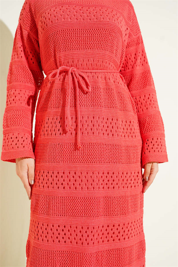 Striped Openwork Pattern Knitted Dress, Rose Pink
