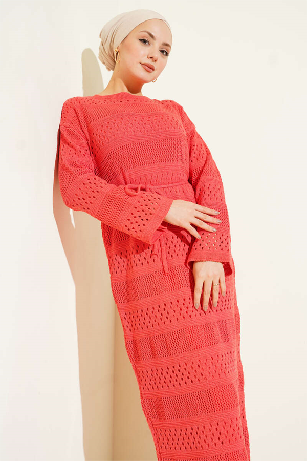 Striped Openwork Pattern Knitted Dress, Rose Pink