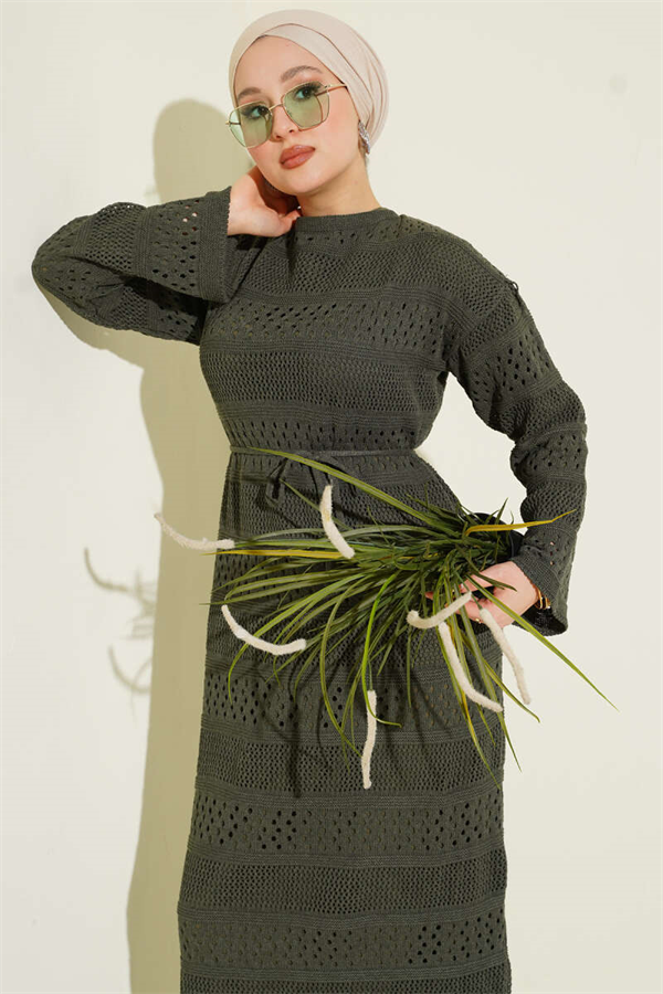 Striped Openwork Pattern Knitted Dress Khaki