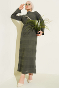 Striped Openwork Pattern Knitted Dress Khaki