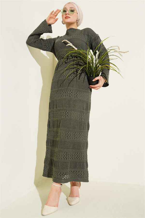 Striped Openwork Pattern Knitted Dress Khaki