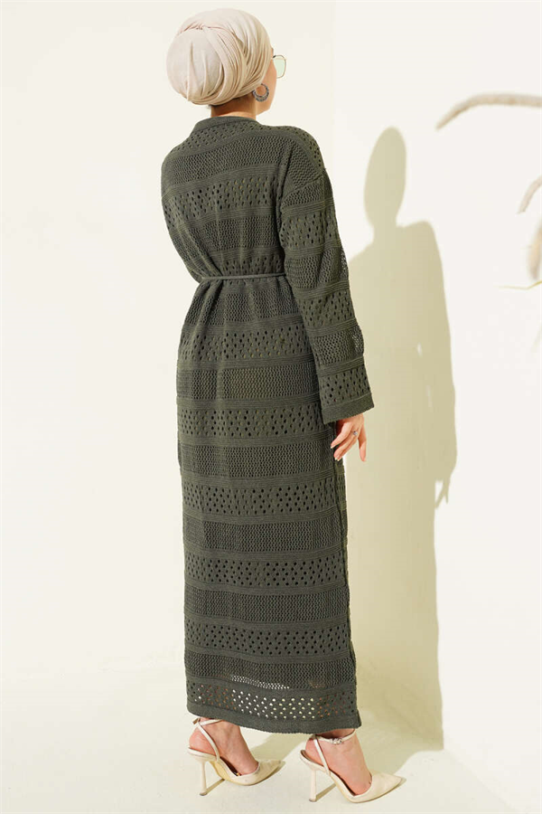 Striped Openwork Pattern Knitted Dress Khaki